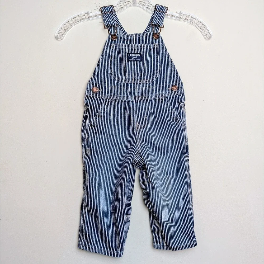 OshKosh B'Gosh‎ Hickory Striped Train Conductor Vestbak Denim Overalls 18 Months